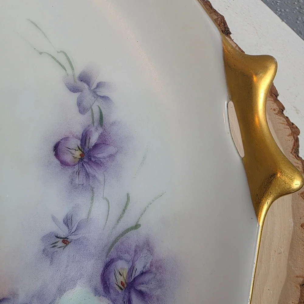 Antique Hutschenreuther Hand‎ Painted Porcelain Violet Cake Plate Gold Handles
